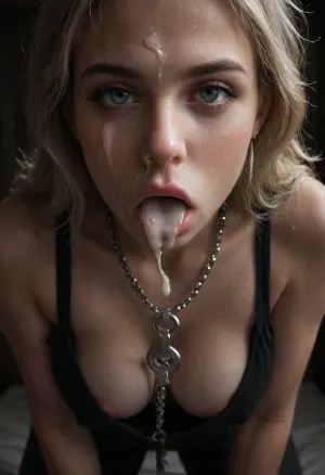 Masterpiece level quality, ultra realistic, Solo Girl, (1GIRL), ((Death of the Endless:1.5)), is ON ALL FOURS on a messy white bed. She is a very attractive, (very pale goth girl), (she has porcelain skin), and dressed in a black tank top and black trousers. She is rolling down her black trousers to reveal delicate white lingerie. She has her hand pulling down her black tank top and playing with her nipple., ((She wears a silver key of life on a chain around her neck:1.9)), . She is pleasant, kind, down-to-earth, perky, perfect face, sexy, beautiful, and ash-blonde hair styled in a choppy, tousled cut that frames her delicate, symmetrical face., (((very white skin:1.9))), slut, bimbo, nice abs, cute tummy, ample breasts, top stretched by breasts, perky breasts, no bra, (cum running out nose:1.5), (Cum flows:1.5), (cum on face:1.4), (cum on eyes:1.5), (sloppy, excessive cum, cum in mouth:1.4), perfect hands, small hands, downblouse, nipslip, raw, lighting, overexposed, harsh, flash, <lora:RealDownblouseXL2:.8>, <lora:dark:.4>, <lora:Rawfully Stylish v0.2_epoch_20:.4>