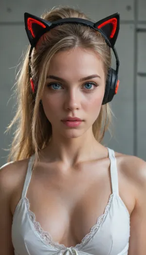 A young, Caucasian woman, approximately 20 years old, naked, with blonde hair in a ponytail, appears as an advanced cyborg. Her skin is a smooth, pale white, showcasing intricate, glowing blue circuit patterns that extend across her face, neck, and chest. Large, vibrant blue eyes, a delicate nose, and full lips give a soft beauty to the artificial features. She wears large, glowing orange-tipped cat ears that are part of her headpiece. Stylish, futuristic headphones with a black band and a glowing "Metro" logo adorn her head. The clothing style is futuristic and revealing, with a sleek, form-fitting white bodysuit that highlights her cyborg features. The lighting is cool, studio-like, with soft highlights emphasizing the details of the circuit patterns and light that emanates from the headphones and ears. The background is a modern, light-gray, and clean environment, suggesting an indoor location, likely a futuristic laboratory or waiting area, with sleek, tiled walls. The composition is a close-up, three-quarter view that emphasizes the intricate details of the cyborg's design, showcasing the technological advancement and the delicate beauty of the subject. The overall mood is technological, ethereal, with a hint of mystery. The style is digital art, futuristic, and detailed. Ultra detailed, photorealistic, vibrant colors, 32k resolution