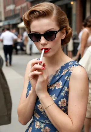 masterpiece, best quality, 1girl, solo, looking at viewer, J.C., Leyendecker, Style, page, short, circle, dress, sunglasses, fingers holding a cigarette with a long mouthpiece, 1960, Chicago, street, <lora:J.C. Leyendecker Style:.2>, <lora:8fcf1204-8988-4a6b-81d6-6595f4184458.TA_trained:.8>