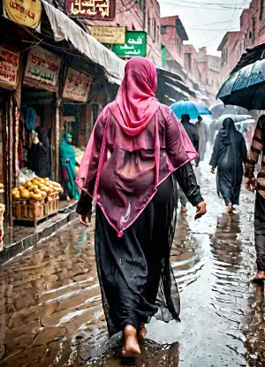 Hot young chubby afghani women wearing pink transparent hijab and black transparent burkha wet by rain walinkng in old city fish market, her but are huge and medium size chest, views from her back side and she walking on dirty road, extra view, ultra wide angle, wide angle