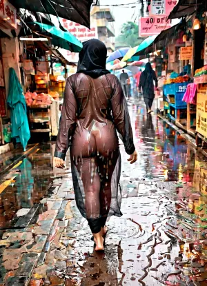 Hot young indian women wearing pink transparent hijab and black transparent burkha wet by rain walinkng in old city fish market, her but are huge and medium size chest, views from her back side and she walking on dirty road, extra view, ultra wide angle, wide angle