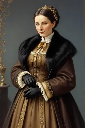 night, young woman, She is dressed in the latest fashion of the 1880s, coat decorated with fur and ribbons, a muff and thin leather gloves. Her look is regal, mysterious and a little sad, "Swedish" gloves made of the finest leather, a "Skobelev" coat decorated with sable fur and blue satin ribbons, a muff, a gold bracelet, all these are fashionable details of women's clothing of the 1880s, claiming expensive elegance, chiaroscuro, low-key