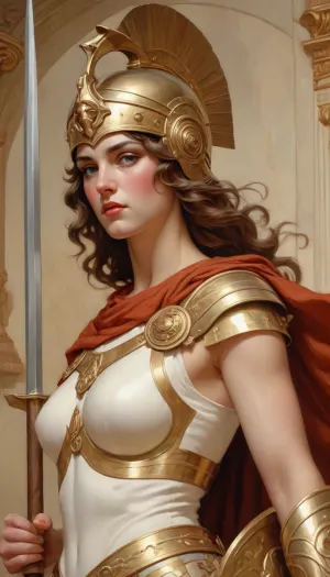 Athena. The Greek goddess of war. Corinthian helmet with a high crest, a shield covered with goat skin and decorated with a head&nbsp;The Gorgons of Medusa., spear., J.C., Leyendecker, Style, page, <lora:J.C. Leyendecker Style:.8>