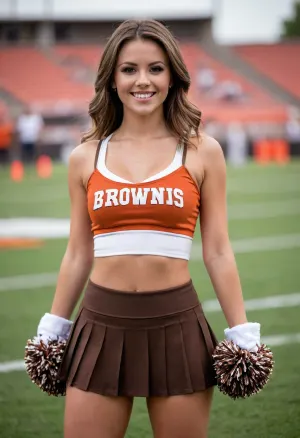 Gorgeous Cleveland Browns cheerleader in midriff and pleated cheerleader skirt, flat stomach, brown hair, big breasts, toned stomach, abs, 23 years old, white skin, brown eyes, smiling, high quality, football field, bokeh.