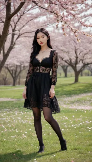 The Chinese model stands elegantly in the tranquil natural landscape, her long black hair cascading down. She wears a black lace bra with delicate floral patterns and embroidery. The bra is paired with a shirt dress, through which the black bra is faintly visible. The hem of the shirt dress flutters softly in the breeze, brushing against her black stockings and highlighting her slender legs. Sexy and elegant, creating a strong visual tension. Behind her, cherry blossoms are in full bloom, and the pale pink flowers surround the scenery, and the petals are scattered on the grass like natural confetti!