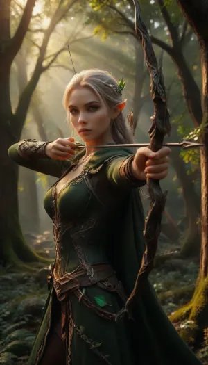 An elegant elf ranger is drawing back her bow, (she is aiming her bow and arrow just past the viewer), she has fantasy white braided hair, she has a green cloak embroidered with golden thread that is fluttering in the wind, she wears an elvish styled crown with a few visible emeralds, realistic, hyper realistic, the scenery is a lush woods with the sunlight beaming through the treetops creating a cinematic look, enchanted forest, mystical, ObsidianLeaves, 3nch4nt3d, f0r3st, Aiming, a, Bow, <lora:292303_training_data:.5>, <lora:3nch4nt3d_f0r3st:.7>, <lora:XL_Weapon_Bow_-_By_HailoKnight:.5>