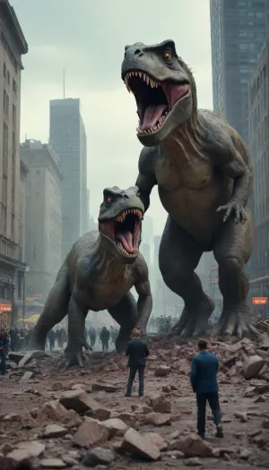 Two tyrannosaurs in the center of the city, people scattering, building rubble all around, photorealism, 4K, <lora:crowd_notrigger:.6>