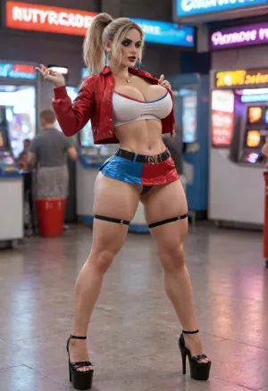 neon arcade, Harley Quin costume, thong, short skirt and crop top, stockings, small jacket, thigh straps, (slutty ruined makeup:1.4), high platform heels, hoops, necklace, big tits, big ass, ponytail, muscular, strong abs, navel piercing, red filled lips, blue eyes, blond, <lora:bombshell_v2:.8>, <lora:milkers_v2:.8>, bmbplora, <lora:bimboxl_02:.8>, huge, ass, breasts, big, hips, narrow, waist, <lora:BodyLicious:.8>