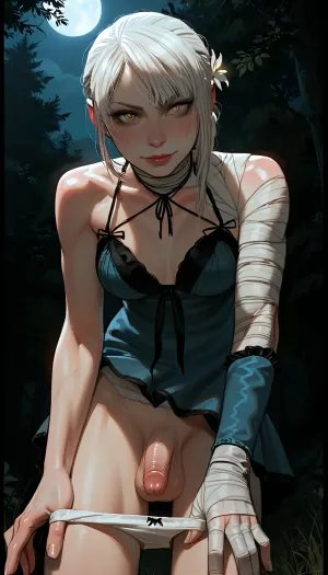 masterpiece, best quality, high resolution, hires, score_9, score_8_up, score_7_up, score_6_up, (Kaine from NieR:1.4), incase, style, ratatatat74, solo, view from below, close up, futanari, medium breasts, short dress, (bandages), fit, standing, looking at viewer, detailed pupils, smirk, blushing, (leaning forward, pulling down white panties), penis, flaccid, testicles, night, moonlight, detailed, dark, forest, <lora:287175_training_data:1.5>, <lora:ratatatat74-000050:1.3>