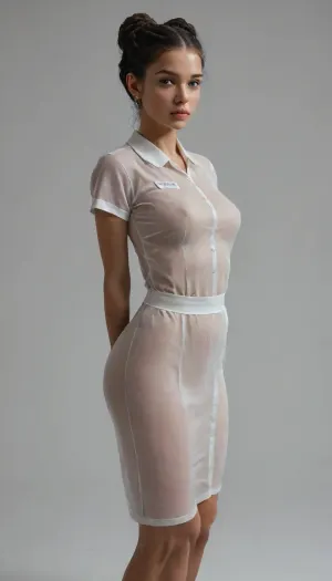 masterpiece, best quality, ultra-detailed, high resolution, 8K, sharp focus, intricate details, highly detailed, 2d, (flat color:2), (no lineart:2), simple background, gradient background, 1girl, solo, black hair, long hair, dreadlocks, bun, braid, detailed face, detailed eyes, black eyes, no pupils, seductive, big breasts, curvy, athletic, thick thighs, wide hips, narrow waist, big ass, bottom heavy, detailed skin, smooth skin, dark skin, nurse uniform, transparent clothes, teasing