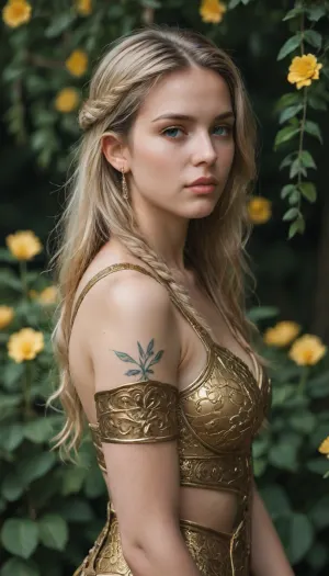 A young, light-skinned tattoos naked girl, likely in her late teens or early twenties, with a detailed, golden ornate armor-like bodice and shoulder pieces. Long, light golden-blonde braided hair adorned with small, delicate yellow flowers falls down her back, with the flowers also scattered around her head. The woman's face is subtly angled to her right, with a serene and contemplative expression. Her eyes are closed slightly, and her lips are softly parted, creating a calm and elegant mood. The armor pieces are intricate and detailed, with patterns resembling floral and delicate vines. The metal has a golden hue, with subtle shading and highlights. The skin tone is realistic, with soft highlights, and the lighting emphasizes the delicate features of the woman and the textures of the armor. The background is a dark, almost black, neutral color with textured edges, giving a sense of a dramatic backdrop. A shallow depth of field focuses attention on the woman. Photorealistic style, highly detailed, exquisite, intricate details, cinematic lighting, 32k resolution