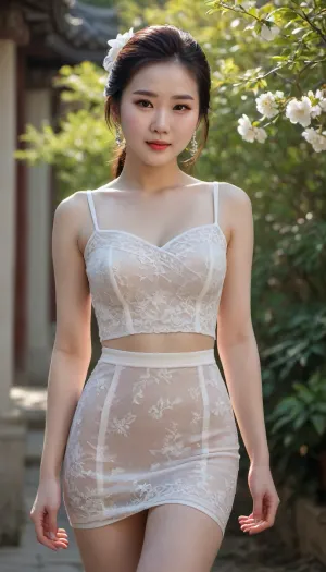 In the vibrant environment, a beautiful Chinese woman, with her porcelain-white skin gleaming in the soft sunlight, stood out. She exuded an elegant and confident temperament, which was further highlighted by her carefully selected clothes.

She was dressed in a fashionable outfit, with an exquisite slim skirt that gracefully wrapped her curves. The sexy lingerie underneath added a touch of sexiness and perfectly set off her figure. The transparent black pantyhose further set off the elegant curves of her legs, making them more slender.

Her overall look was both exquisite and charming, reflecting the fusion of traditional beauty and modern fashion. Her warm smile and charming temperament deeply attracted people around her and left a deep impression.