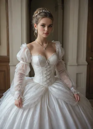 A stunningly beautiful blonde fairytale Princess shining with Royal Pomp and Regal Splendor, wearing a Stately and, (((Elaborate))), Royal Cinderella off-shoulders Ballgown of Silver and White Brocade, with, (((enormous puffed sleeves))), a stiffly boned, padded and corseted bodice, translucent dress an hourglass waist, a, (((huge crinoline hoopskirt))), and, (((bustle))), adorned with ribbons, bows, roses, lace, ruffles, frills, embroidery, and jewels, elaborately curled and styled hair, long white gloves, pearl and diamond necklace and earrings
