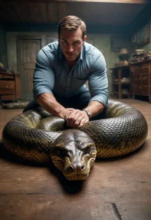 Huge anaconda attacked a man, realism, 4 K