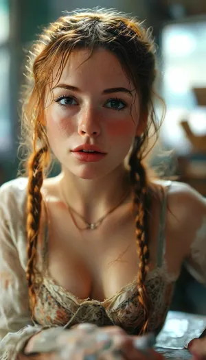 super realistic photography, perfect lighting, (best shadow), 8K, UHD, clear image, (best lighting), highest quality, super detailed images, fine details, 8k wallpaper, masterpiece, top view, lies on the school desk, Redhead, two disheveled braids, cute face, young face, green eye, makeup is running, freckles, makeup, mascara ran, horny look, enjoys, screams with pleasure, she gropes boobs, she touches her breasts, skinny, 25 year old girl, big natural breasts, tight pussy, teacher, ((girl in short tiny skirt)), (torn lace stockings), ((cute patterned panties)), (patterned panties in pussy gap shown), torn white office shirt, (wide hips), vaginal sex, cum in pussy, cum inside, sperm flows out of pussy, <lora:MJ52:.9>, <lora:Midjourney Image Enhancer XL v1:.8>