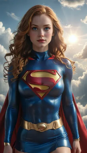 Photorealistic, masterpiece, best quality, high resolution, hires, solo, close up, upper torso portrait, front, facing viewer, looking at viewer, huge breasts, lithe athletic body, hourglass figure, long hair, wavy hair, sleek ginger hair, blue eyes, 19 years old, narrow face, charming smile, shiny skin tight long sleeve body suit with wide neck and cape tucked into neck of suit, (mini skirt with gold belt), (Superman Symbol on chest), muscular, supergirl, mad-abvthclds, clouds, cloudy, sky, sun, moon, 1girl, <lora:uberfit_lora_sdxl:.4>, <lora:Above_the_Clouds_SDXL:.4>, <lora:PAseer-SDXL-FarOfTheSun:.5>, <lora:MJ52:.5>, <lora:xl_more_art-full_v1:.4>