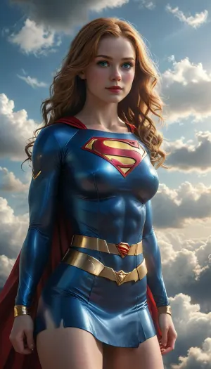 Photorealistic, masterpiece, best quality, high resolution, hires, solo, close up, upper torso portrait, front, facing viewer, looking at viewer, huge breasts, lithe athletic body, hourglass figure, long hair, wavy hair, sleek ginger hair, blue eyes, 19 years old, narrow face, charming smile, shiny skin tight long sleeve body suit with wide neck and cape tucked into neck of suit, (mini skirt with gold belt), (Superman Symbol on chest), muscular, supergirl, mad-abvthclds, clouds, cloudy, sky, sun, moon, 1girl, <lora:uberfit_lora_sdxl:.4>, <lora:Above_the_Clouds_SDXL:.4>, <lora:PAseer-SDXL-FarOfTheSun:.5>, <lora:MJ52:.5>, <lora:xl_more_art-full_v1:.4>