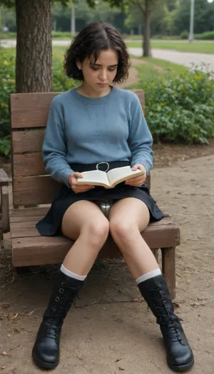 18 years old girl, very short hair, wearing sweater, long black skirt, chastity belt, socks, boots, small breast, sitting on a beach in park, reading a book, leaking juices, tired face