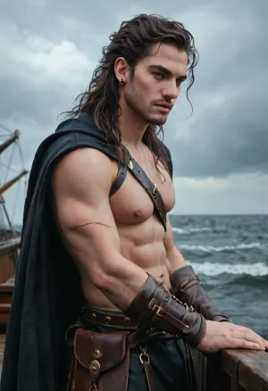 a stern Viking warrior stands on the deck of a dragonboat, his face is weathered and scars are visible, he is dressed in chain mail, leather bracers, a wolfskin cloak is draped over his shoulders, a Carolingian sword hangs from his belt, axes and spears are stacked on the deck of the drakkar. a stormy sea in the background, a leaden-gray sky with dark clouds and lightning, the whole picture is in the style of the Dark Ages, dramatic colors, high resolution, realistic. Style