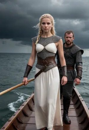 a stern Viking warrior stands on the deck of a dragonboat, his face is weathered and scars are visible, he is dressed in chain mail, leather bracers, a wolfskin cloak is draped over his shoulders, a Carolingian sword is hanging from his belt, he carries a prisoner on his shoulder, (prisoner young slender blonde woman in a simple long white dress, her dress is pulled up and her round ass is visible, a woman is screaming for help), round shields, axes and spears are stacked on the deck of a dragonboat, a stormy sea, a leaden-gray sky with dark clouds and lightning, the whole picture is in the style of Dark centuries, dramatic colors, high resolution, realistic. Style