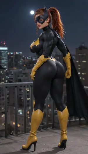 Jenseits von batgirl: ein muskulärer Bimbo's Nightwatch in der Stadtlandschaft - Vollkörperporträtaufnahme