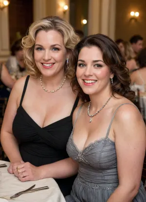 Two smiling chubby mature women in their late 50s pose closely together indoors at what appears to be an event or gathering. The woman on the left is standing slightly behind and to the side, she is obese, wearing a black off-the-shoulder spaghetti strap dress with lace detailing and a pearl necklace. Her hair is dark and styled with some curls. The woman on the right is seated and wearing a light-colored sleeveless top with vertical stripes and a low cut neckline. She is chubby. She has saggy breasts. Her hair is lighter brown with gray highlights. Both women are looking towards the camera with warm expressions. The background shows other people seated at tables, suggesting a banquet or party setting with soft lighting and decorative elements.