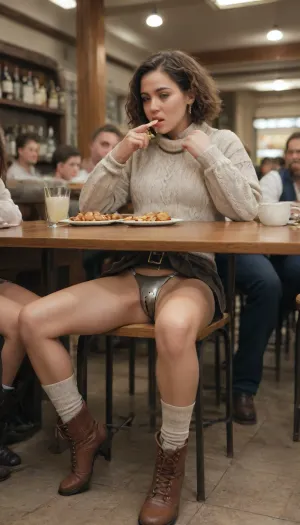 20 years old girl, brown short hair, no make up, small breast, brown tall socks, boots, skirt, sweater and chastity belt, sitting at the table in a restaurant full of people, eating, Legs Apart, chastity belt partially visible, closeup, leaking juices