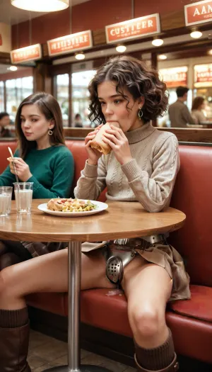 20 years old girl, brown short hair, no make up, small breast, brown tall socks, boots, skirt, sweater and chastity belt, sitting at the table in a restaurant full of people, eating, Legs Apart, chastity belt partially visible, closeup, leaking juices