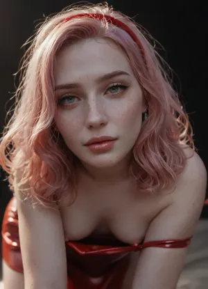 Score_9, european woman, (face closeup:1.2), (chubby:1.1), cute face, bangs, long messy hair, (hair covering one eye:1.1), perfect small breasts, pale pink hair, (latex ruffle headband), (pale skin:1.5), transparent red latex ruffle minidress, (transparent latex:1.1), (white eyes:1), (puffy areola:1), seductive smirk, narrow lips, freckles, ((no makeup)), (below view:.9), (side view:1.05), (leaning forward kneeling), (pulling her dress down:1.75), night, ruby contour, perfecteyes, <lora:aka-000002:1.6>, <lora:EnvyZoomSliderXL01:1.8>, <lora:light_contour_sdxl:1.3>, <lora:PerfectEyesXL:1>, <lora:405168_training_data:1.6>