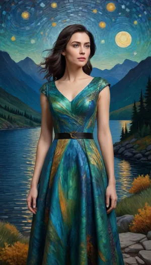 A woman with dark hair is posed in a stylized, painterly manner. She is adorned with a vibrant, textured dress composed of multi-colored, mosaic-like shards, reminiscent of a Van Gogh-style "Starry Night" painting. The dress features a crescent moon and is in shades of blue, green, yellow, and orange. The background is a serene landscape with mountains, trees, and a body of water.