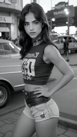 cinematic still, masterpiece, realistic, best quality, 8k, HDR, ultra detailed, photorealistic, perfect anatomy, professional light, cinematic lighting, <lora:GrazyeliSilvaQuiron_v02i04e10t05na64_Lora:1>, <lora:age_slider_v20:-2>, grazyelisilvaQuiron young woman, 1girl, age 18, long hair, Women dancing in the streets of Cuba 、 ショートパンツとTシャツを着ていて、Woman posing wearing a short t-shirt in the expired movie 「Taken with a」 filmed on expired film 、期限切れの shot on film クラシックカーの前でポーズをとる女性, touching clothes, 期限切れの shot on hdr film, woman posing in front of a classic car filmed on expired colour film Taken with a {x} Hasselblad Camera 、 grainy black and white photo, analog photography, shot on film, grainy black and white photo, wet t-shirt, grainy vintage, looking at viewer, emotional, horny, blushing, harmonious, vignette, highly detailed, high budget, bokeh, cinemascope, moody, epic, gorgeous, film grain, grainy