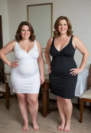 Two obese mature Gilfs, one on the left appearing around 55 years old with long, wavy brown hair featuring subtle auburn highlights, and the other one on the right is around 60 years old with shorter, styled brown hair with highlights, stand a moderate distance apart indoors, each with their hands resting on their hips. The woman on the left is short and fat and in her late 50’s and wears a tight sleeveless flowing black sundress with a deep low cut V-neckline and no bra and hard nipples, while the woman on the right is obese with huge hips and saggy breasts dressed in a tight white sleeveless sundress with a low-cut deep v-neckline, she is not wearing a bra and has sagging cleavage. Both women are smiling directly at the viewer and have light colored eyes and wearing wedding rings on their left ring fingers. The woman on the left has wide hips, with thick thighs, and curvy. The woman on the right is shorter, she is fat and has huge hips, and large sagging breasts.
They are positioned in front of a large window covered with horizontal brown blinds, slightly ajar, revealing a brightly lit outdoor scene. To the left of the frame, a corner of a round table draped with a white tablecloth and a few wooden chairs are visible. The lighting appears to be natural daylight streaming in from the window, casting soft shadows. The overall atmosphere is relaxed and cheerful, suggesting a casual gathering or celebration. The image should be high resolution with realistic skin tones, fabric textures, and environmental details. They both have hard nipples., bottomheavy, big, ass, huge, gigantic, thick, thighs, massive, <lora:bottomheavy_v1_sdxl_tags:.8>