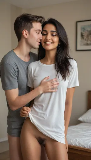 19 yo, ((Indian girl)), cute, skinny, slender, not so tall, long hair, she is smiling and happy, perfect teeth, She has a happy expression, Best quality., (((she is wearing a only a shirt. Bottomless. No pants))), Her hairy vagina is visible . Her, ((clothed boyfriend)), is standing behind her kissing her neck and feeling her body from behind her back., Her hairy vagina is the center of the image, (she is facing forward), .she is in her bedroom. She is slim . The man’s eyes are closed . He has short hair, brown perfecteyes, <lora:PerfectEyesXL:.8>, Indian, beauty, most, beautiful, and, attractive, sexy, body, <lora:lora-000004 (1):.8>