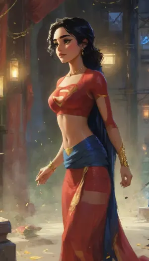 (masterpiece, best quality, absurdres), 1girl, solo, cowboy shot, happy emotion, cute smile, long platinum blonde hair, bright glowing green eyes, beautiful mature age 26 supermodel female, perfect anatomy, looking at viewer, hands on hips, glowing, (wearing a intricate sexy Supergirl design red blue gold elegant Indian Punjabi design saree and a deep neck blouse and that beautifully reveals her cleavage and navel visible, nipples slightly visible, thick, curvy inner thighs completely visible, legs spread open, saree slightly lifted above thighs, with a thin an long necklace is made of gold and has a long chain with black and gold beads. The beads are arranged in a repeating pattern, with the largest bead at the bottom and the smallest at the top. In the center of the necklace, there is a pendant with a design in the shape of a Superman Logo symbol, The pendant is attached to the chain with a gold clasp. The overall style of the jewelry is traditional and elegant, adorned with a striking thin golden chain around her hips. She has a small red bindi on her between her eyebrows and green colored glass bangles on her wrist, outfit:1.5), muscular body, athletic body, voluptuous body, skinny body, thin body, hourglass body, thick body, washboard abs, outdoors, hovering above a Futuristic Cyberpunk Metropolis City The Daily Planet Building below, night, (no gravity floating pose:1), highlydetailedbody, realisticface, highlydetailedhair, insanelydetailed, 8K.highdetailedskin, highresolution, perfectfingers, (j_cartoon:1.5), Drawing., DCEU, Supergirl, tyxla, <lora:tyla_juggerX_xl_1_st_wocap-tyxla-000086:1>, <lora:Supergirl:.5>, <lora:samdoesarts1.1-000030:.4>, <lora:J_cartoon:.3>, <lora:Animated_Concept:.4>