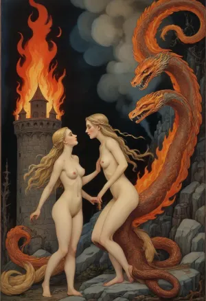 a terrible, vicious, snake gorynych, spewing flames and smoke from his mouth, in the style of Bilibin's painting, and next to him stands a frightened, completely naked princess, she has long blond hair braided into a braid, she is trying to escape, full length view, <lora:Ivan Bilibin Style:.8>, <lora:tbh166-sdxl:.8>