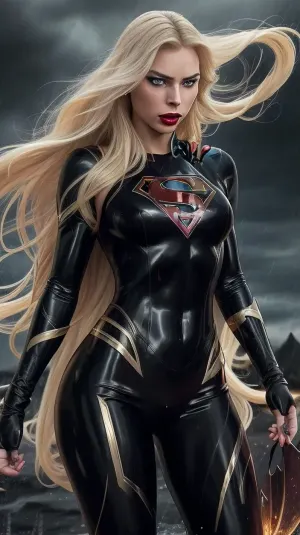 A striking and intense scene featuring Supergirl, who has been subjected to a sinister transformation and brainwashing. She stands confidently in a powerful combat stance amidst a torrential downpour. Her attire is a sleek, black-and-gold catsuit that clings to her perfectly proportioned, hourglass figure, highlighting her muscular yet feminine physique. Her face is delicate and small, framed by long, flowing blonde hair with deep black tips. Her piercing blue eyes, encircled by a golden ring, shine with an eerie intensity, contrasting with her dark red lipstick and the glossy, black leather-like texture of her skin. Behind her looms a massive Super-Hanger Jet, adding to the dramatic and ominous atmosphere of the scene. The rain cascades down, creating a dynamic and realistic visual effect, enhancing the mood of dark allure and formidable power.