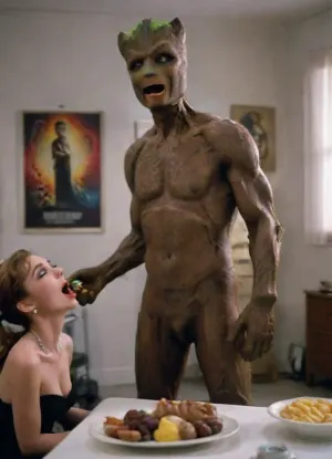 (Movie poster for a 1960s horor movie version of breakfast at Tiffany's:1.1), Left side view, White background, woman is being penetrated by groot, screaming, naked, anal sex, anal penetration, Jessica Rabbit, cum on body, cum on face, tiger is behind, standing sex, big groot, BigDaddy1024, <lora:MJ52:.2>, <lora:BigDaddy1024:.8>