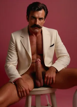 1980s style.Studio photo. Full body photo of a slim fit mature dark-haired French man with a big moustache wearing a white elegant jacket, white short tennis socks and white golf sneakers sitting on a white chair. His legs are spread and his long flaccid penis is visible. His legs are hairy. Pink studio background. longshot, long shot, zoomed out, @hrypctls1, hairy, handslora, <lora:xpenis-1.5e:.5>, <lora:@hrypctls1.v1.concept.sdxl_epoch_3:.2>, <lora:pein:.5>, <lora:MJ52:.3>, <lora:590198_training_data:.8>