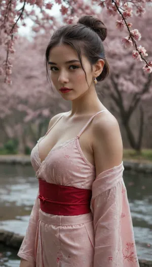 A young Asian woman, approximately 20 years old, with pale skin and flowing white hair styled in a bun adorned with delicate pink cherry blossoms. She wears a traditional Japanese kimono, a light white fabric with a delicate pattern of pink cherry blossoms. The kimono's sleeves are loose, and the fabric appears light and flowing. A red obi, (sash), is wrapped around her waist. She has a serene expression, and her makeup is subtle with rosy blush and red lipstick. The background features cherry blossom branches and water droplets, creating a soft, ethereal atmosphere. The water is dark and still, reflecting the branches. The lighting is soft, focused on the woman, and the colors are muted, with shades of pink, red, white, and dark tones. The composition is a three-quarter view, showcasing the woman from the side. The style is elegant and evocative of Japanese aesthetics, with a focus on detail and soft colors. The overall mood is peaceful and romantic, reminiscent of a spring day. Highly detailed, photorealistic, aesthetic, cinematic lighting, 32k, harness, garter, straps, cupless, bra, <lora:Harness_Straps_sdxl:.8>