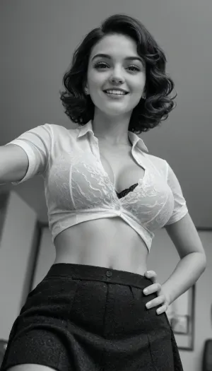8k hd, classic black and white, a beautiful buxom busty woman, Betty Boop hair style, from below, wearing a half button shirt with lacy bra, tight mini skirt, smiling evily