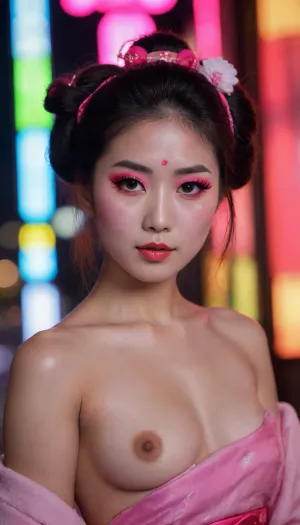 Fashion portrait asian girl in geisha makeup against the backdrop of night neon Tokyo absolutely naked small breasts pink nipples hairy pubis.