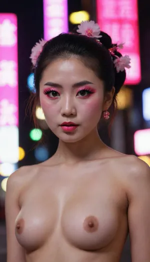 Fashion portrait asian girl in geisha makeup against the backdrop of night neon Tokyo absolutely naked small breasts pink nipples hairy pubis.