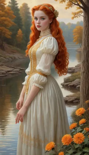 masterpiece, best quality, on the river bank, 1girl, solo, looking at viewer, long hair, ponytail, blue eyes, orange hair, very long hair, brown hair, magical girl, (style Michael Cheval:1.5), J.C., Leyendecker, Style, page, see, through, transparent, idol, dress, <lora:J.C. Leyendecker Style:.8>