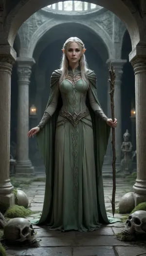 An elf in the catacombs, lit by a dim green glow from glowing mosses and crystals on the walls. It stands in the center of an ancient hall with high arches covered with carved symbols and patterns, partially destroyed by time. She is wearing light armor made of intertwined branches and metal, decorated with tiny crystals, and a long cloak with silver runes embroidered on it. Her hair, the color of frosty green, falls to her shoulders, entwined with thin twigs and leaves. In her hands, she holds a staff that emits a soft bluish glow that reflects off the marble sarcophagi around her. All around it are skeletons, dilapidated statues of elven heroes, and ancient tombstones covered in dust and cobwebs. In the background are deep shadows, from which the glowing eyes of the watching creatures are barely visible. Under your feet — shallow water or puddles that reflect light and create a feeling of unsteadiness in space. The atmosphere is steeped in silence and tension, as if every second can lead to the awakening of something ancient. Cinematic lighting, high detail, dark fantasy aesthetics, symbolism of death and secrets of the past.