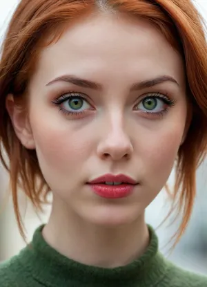 young beauty, cute pretty face, bright red hair, large green eyes, hazel eyes, oriental eyes, red puffy open lips, triangular skinny face, pointy chin, stunning beautiful, (face closeup, only face in image)