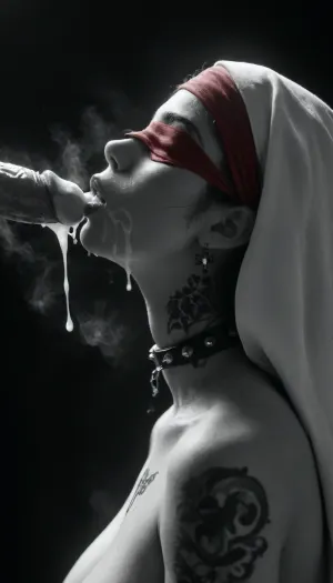 (Cotton:1.9), score_9, score_8_up, score_7_up, (white man), (close up), muscular, (steam on mouth:1.4), (seven inches penis), (standing up straight), excessive cum, dripping on to girl, cum, (looks with love and happy), (((profile view))), cum shooting, cum dripping, (((nun))), (woman 20yo kneeling), (woman looking up at man), (ban haircut), (((black silhouette))), (((monochrome:1.9))), heavy natural droplets breasts, (black background), (collar with spikes), (black makeup), (tattoos on neck:1.5), (red blindfolded:1.2), (plump lips:1.3), backlight, style, hair, light, <lora:206223_training_data:2>