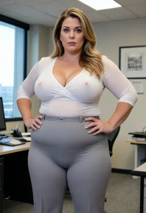 Obese mature milf, long brunette hair with blonde highlights, with a plump pelvis, wide hips, huge hips, and sagging, wearing gray tight high waist pants, (FUPA), (bulging cameltoe), and a lowcut vneck white blouse standing in an office
