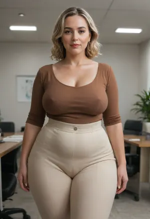 Chubby mature milf, long brunette hair with blonde highlights, with a plump pelvis, wide hips, huge hips, and sagging, wearing tan tight high waist pants, (FUPA), (bulging cameltoe), and a lowcut vneck tan blouse standing in an office
