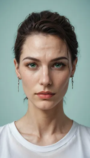 The camera is at eye level, (Image without background:2), Full-face Portrait, ((short neck:1.1), (green eyes:1.2)), (realistic face:1.5), (visible pores on the face:.2), (imperceptible wrinkles on the face are visible:.1)