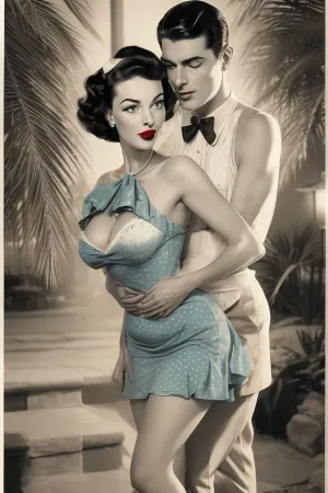 Young beautiful woman engaging in anal sex with a man in retro pin-up style, masterpiece, best quality, high resolution, ultra-detailed, HDR, soft lighting, vibrant vintage colors, high contrast, 1950s aesthetic, 8k wallpaper, elegant composition, retro styling, palm trees in the background, smooth stone pathway, stylish environment.
Age 21, slender figure, perfect proportions, very wide hips, larger D-sized breasts, narrow waist, toned arms, smooth glowing skin, youthful appearance with no signs of aging or wrinkles.
Retro styled hair, voluminous curls, pinned up with a red bow, glossy and perfectly groomed, full lips with bright red lipstick, bright blue eyes, long eyelashes, high cheekbones, flawless smooth skin, enhanced facial detailing, finely defined features, no signs of aging, no wrinkles, natural makeup with vintage glamour, captivating gaze directed at the viewer, playful and flirty expression.
Wearing a vintage short dress, tight around the waist, emphasizing her wide hips and D-sized breasts, playful polka dot pattern, 1950s style with a full skirt, accentuating her hourglass figure, elegant straps, no jewelry, simple yet charming pin-up outfit, high heels.
Engaged in anal penetration with a man positioned behind her, clear anal penetration, the woman's back arched, hips raised, legs spread wide, deep anal penetration visible, the man's body fully aligned behind hers, maintaining a firm grip on her hips, visible thrusting motion, all limbs naturally and correctly positioned, no contradictions in the interaction, correct anatomy for both figures, natural body posture, harmonious proportions with attention to physical interaction details.
Standing on a night promenade, modern architecture with a retro twist, warm ambient lighting from nearby lamps, subtle reflections on the stone pavement, soft shadows cast by surrounding lights, calm and serene atmosphere, slight breeze moving the trees in the background, retro details in the environment.
Emotions are playful, confident, and flirty, looking directly at the viewer, classic pin-up pose while engaged in sexual activity with detailed and realistic anal penetration.